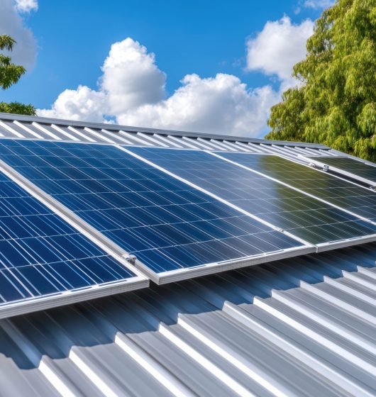 Solar panels on metal roof, bright sky, energy efficiency, sustainable technology